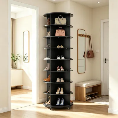 Immagine prodotto di Scaffale rotante a 8 ripiani per scarpe, a 360°, mobiletto per scarpe nero in MDF con 32 scomparti e ruote