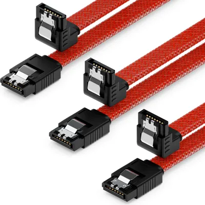 Produktbild von deleyCON 3x 50cm SATA 3 Nylon Kabel Set 6 Gbit/s Verbindungskabel Mainboard HDD SSD Festplatte 1 S-ATA Stecker 90° Gewinkelt Rot
