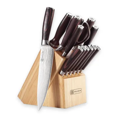 Produktbild von PAUDIN Messerset 14-teilig – Profi-Messerblock – Kochmesser, Brotmesser, Steakmesser – Hochwertiger Kohlenstoffstahl – Wellenmuster & extrascharf