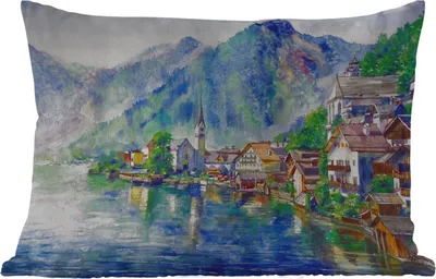 Produktbild von MuchoWow® Outdoor Kissen - Gemälde - Ölfarbe - Haus - Berge - Wasser - 50x30 cm - Wetterfest - Lounge Kissen - Sofa kissen - Wohnzimmer Dekoration