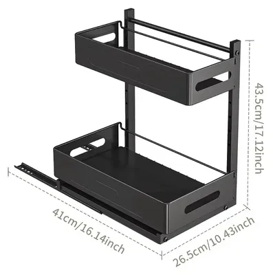 Image de Organisateur pour sous-évier - Étagère coulissante à 2 niveaux - Tiroir de rangement pour armoire de cuisine réglable - Double étagère en métal pour épices - Rangement