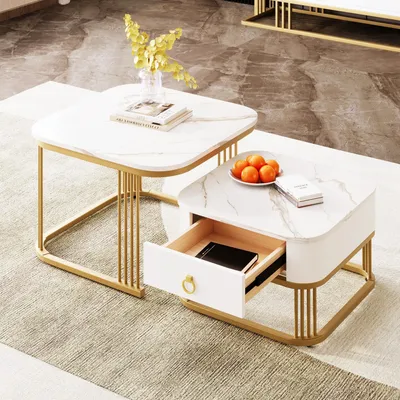 Produktbild von Odikalo Couchtisch Beistelltisch Sofatisch Kaffeetisch Teetisch Marmoroptik Schubladen Weiss