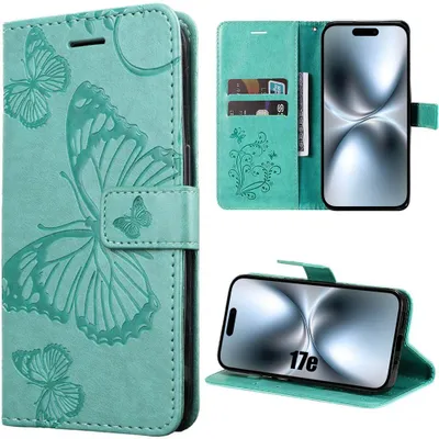 Image de Coque pour iPhone 17e, Protection Antichoc Anti-Rayures Synthécuir Motif Papillon - Vert