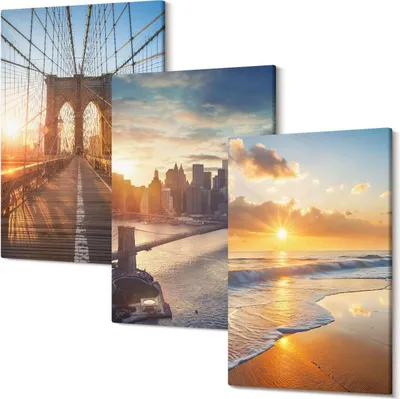 Produktbild von Leinwandbilder – Wandbilder – Leinwandbild – Canvas Bild – Polycanvas – Kunstdruck –  – Modern – Aufhängefertig – Mehrteilig – 3-Teilig – 40x60 Cm Pro Bild - Brücken und Sonnenuntergänge im Stadtbild