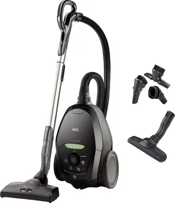 A black AEG vacuum cleaner with its accessories displayed on a white background.
