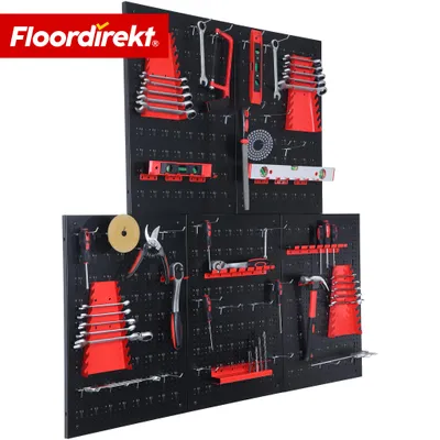 Zdjęcie produktu dla Floordirekt – ścianka narzędziowa Parker, metalowy zestaw do ścianek perforowanych z haczykami i uchwytami na narzędzia, ścianka warsztatowa do garażu, piwnicy i warsztatu, zestaw 5 płyt