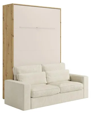 Produktbild von Schrankbett 160 x 200 cm - Manuelles vertikales Öffnungssystem - Mit LEDs - Beige und Natur + Sofa - RAPILI