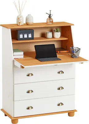 Produktbild von Sekretär GOMES aus Massivholz, Weiß/Braun - Schreibsekretär mit Klappe und Schubladen mit Muschelgriffen, Kiefer Massivholz, Landhausstil für Büro und Wohnzimmer