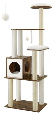 Immagine prodotto di Albero per gatti con casetta, giochi e cuscino, colore marrone vintage, dimensioni 58 x 40 x 165 cm