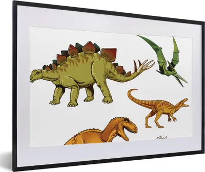 Produktbild von MuchoWow® Gerahmtes Poster Dinosaurier - Zeichnung - Jungen - Kinder 60x40 cm - Poster mit Schwarzem Bilderrahmen Wandposter Rahmen Foto Bilder - Schlafzimmer - Plakat in Rahmen - Drucken
