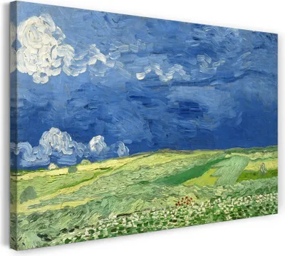 Produktbild von Leinwandbild (120x80cm): Vincent van Gogh - Weizenfeld unter Gewitterwolken (1890), echter Holz-Keilrahmen inkl. Aufhänger, handgefertigt in Deutschland