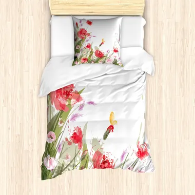 Produktbild von ABAKUHAUS Frühling Bettbezug Set, Artisitc Burshstrokes Botanical Bild mit Blumen Pflanzen und geflügelte Insekt Bild, 135 x 200 cm + 80 x 80 cm, Mehrfarbig