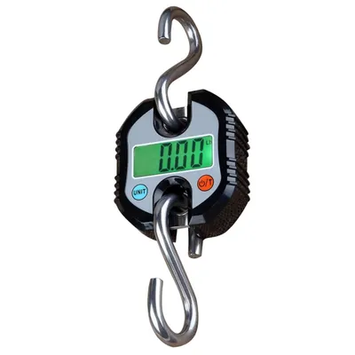Produktbild von Hängende Gepäckwaage 150 kg, LCD-Display + Tara-Funktion, 2 abnehmbare Haken, Angeln/Jagd/Reisen, schwarz.