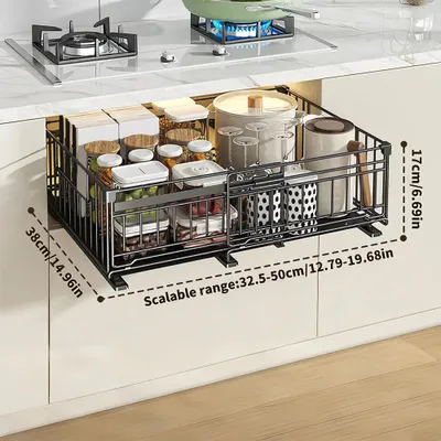 Obrázok produktu pre Organizér do kuchynskej skrinky – výsuvná úložná polica – dvojvrstvová – výsuvný kôš na korenie a taniere – bez vŕtania – oceľ – 1 kus