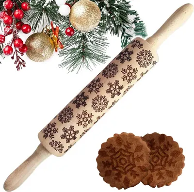 Produktbild von Teigroller mit Prägung Weihnachten, Weihnachten Prage Nudelholz, Holz Nudelholz Muster, Backrolle Weihnachtsmotiv, Präge Nudelholz mit Kugellager, Teigroller Muster Weihnachten (X)