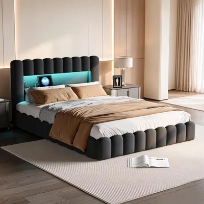 Productafbeelding van INONEFT Gestoffeerd bed 180x200, tweepersoonsbed met "bubble"-design, voorzien van LED-verlichting en USB-oplaadpoort, hoofdeinde, boxspringbed met hydraulische opbergruimte, linnen, grijs