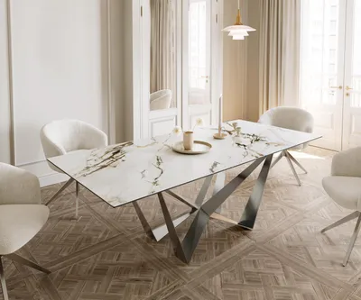 Produktbild von DELIFE Esstisch Edge 180-220x100 Keramik Calacatta Luxe Weiß-Gold-Grau Spider Flachstahl Edelstahl ausziehbar