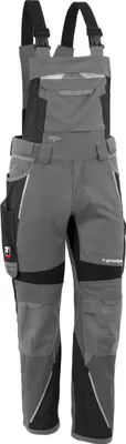 A pair of grey and black work overalls.