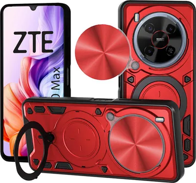 A collage of a red phone case for a ZTE phone, showing different angles and features.