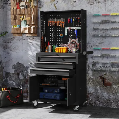 Image de Armoire à outils sur roulettes avec panneau perforé, 3 tiroirs | Couleur : Noir | Dimensions : 33 x 69 x 133 cm