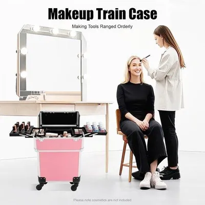 Productafbeelding van Cosmetica koffer - Make-up trolley - Professioneel gebruik - Afsluitbaar en robuust - 34 x 24 x 47 cm - Roze