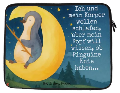 Produktbild von Mr. & Mrs. Panda Laptop Tasche Pinguin Mond Design 33 x 42 cm - Weiß - Geschenk, Neugierig, Notebooktasche, Spruch, schlafen, Laptophülle, Hülle, Sleeve, Laptoptasche