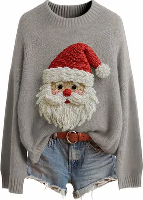 Produktbild von ASKSA Damen Weihnachtspullover,Strickpullover Rundhals Pulli Sweater Herbst Winter Warm Strickpulli Weihnachtspulli (D-Grau,L)