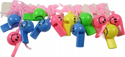 Produktbild von 12x Emoji Trillerpfeife Schlüsselanhänger - Bunter Fanartikel & Mitgebsel Kinder