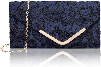 Productafbeelding van Elegante Clutch in Donkerblauw met Kanten en Satijn, Verwijderbare Ketting, Vintage Avondtas voor Bruiloft en Feest, 22 x 12 cm