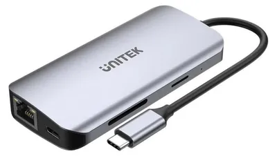 Produktbild von UNITEK D1122A01, 2 x USB 3.2 Gen 2 (3.1 Gen 2) Type-C, HDMI, RJ-45, USB 3.2 Gen 2 (3.1 Gen 2) Type-A, USB 3.2 Gen 2 (3.1 Gen 2) Type-C, 1000 Mbit/s, Grau, Aluminium, 100 W