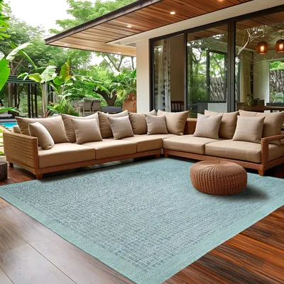 Produktbild von Outdoor Teppich Wetterfest Terrasse Balkon Garten Küchenteppich Flachgewebe Sisal Look Waschbarer Teppich, Blau Größe: 240 x 340 cm
