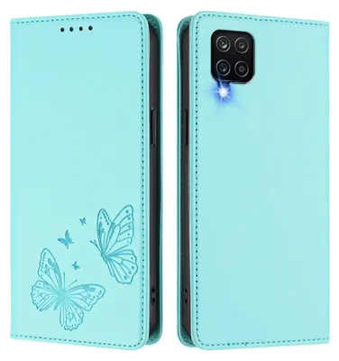 Image de Étui en cuir pour Samsung Galaxy A12, étui de protection type portefeuille en cuir gaufré « papillon » avec support, couleur turquoise