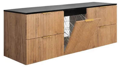 Produktbild von Hängender Waschbeckenunterschrank mit Wäschekorb, Eiche Craft / Platte Schwarz, Griffe Schwarz, 160 x 46 x 57 cm, KI-generiertes Bild