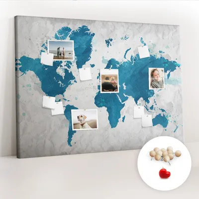 Obrázek produktu pro Korková nástěnka s kolíčky - Tabule s kolíky pro fotografie a poznámky - 140x100 cm - Připínáčky dřevěné 100 kusů - Mapa světa