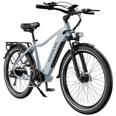 A studio shot of a gray electric bicycle against a white background.