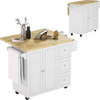 Image de HOMCOM Desserte de cuisine sur roulettes, îlot central cuisine avec plateau en bois d'hévéa, 3 tiroirs, 1 placard, 2 portes, porte-torchons et porte-épices, 111,5 x 45-75 x 89 cm, blanc
