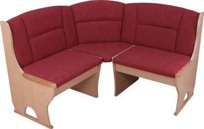 A corner bench with red upholstery and a light wood frame, shown against a white background.