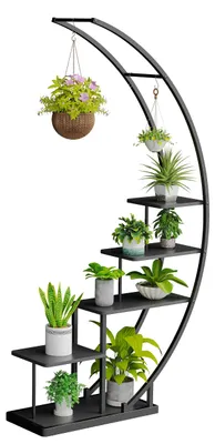 Produktbild von 5-stufiger, halbmondförmiger Pflanzenständer aus Metall, 172 cm, Pflanzenregal mit 5 Ablagen und Haken, hoher Blumenständer/Pflanzenleiter mit Kippschutz für Balkon, Wohnzimmer, Terrasse (1 Stück, schwarz)