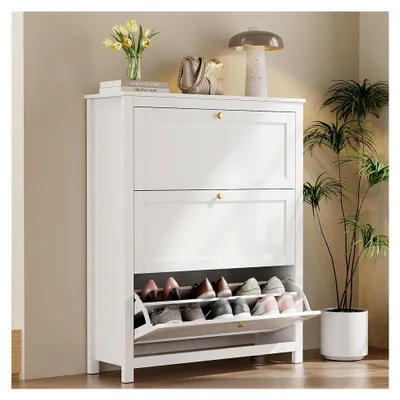Produktbild von Schuhschrank mit 3 Klappen, Schuhregal Schuhkipper Schmal, Schuhschrank Weiss, mit 6 Fächern, Schuhablage Verstellbar, 90 x 30 x 110 cm, für Eingangsbereich, Flur