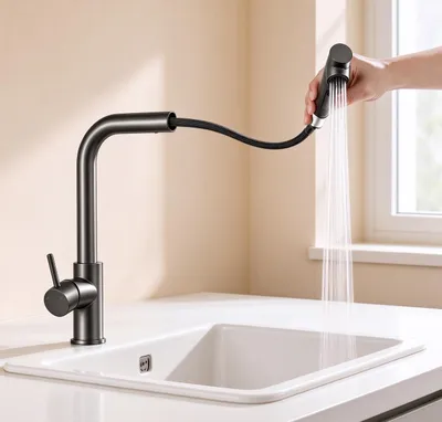 Produktbild von Aica Hochdruck Küchenarmatur L-Form Ausziehbar 2 Strahlarten 360° Spültischarmatur Wasserhahn Küche Einhebelmischer Mischbatterie Edelstahl Grau