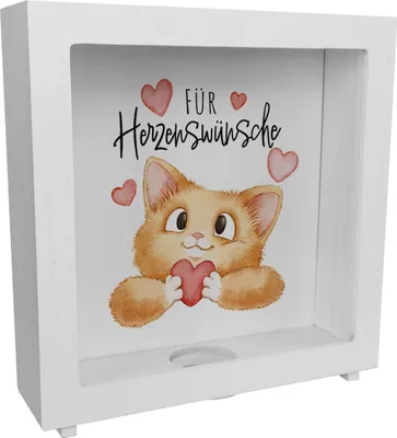 Produktbild von Katze Rahmen Spardose aus Holz mit Spruch Für Herzenswünsche