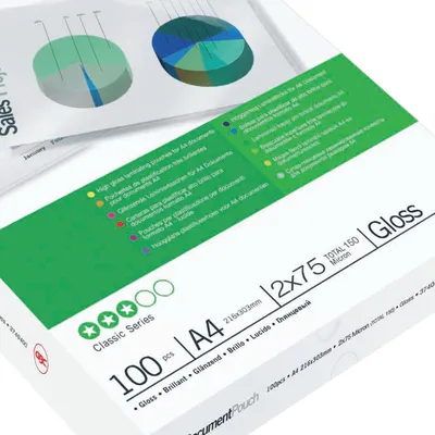Produktbild von GBC Laminiertaschen f. Dokumente A4 2x75 Micron glänzend (100), Glänzend, A4, 216 mm, 0,15 mm, 303 mm, 100 Stück(e)