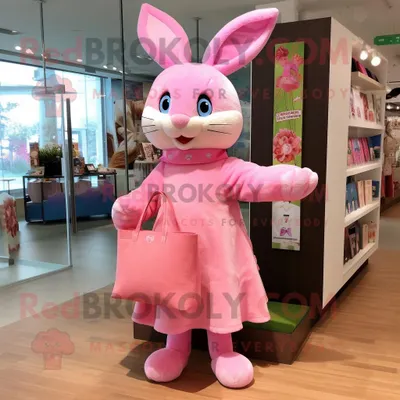 Produktbild von Rosafarbener REDBROKOLY Hase als Maskottchen kostüm bekleidet mit einem Wickelkleid und Tragetaschen