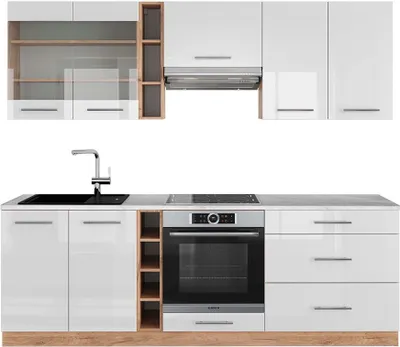 Produktbild von Küchenzeile Vicco Fame-Line Weiß Hochglanz/Goldkraft Eiche 235 cm , AP Marmor, Model 42405