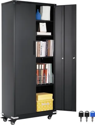 Image de armoire à dossiers 5 étages avec portes magnétiques & roulettes - Armoire métallique verrouillable pour le bureau & la maison - 90,72 kg par étagère - Commode de bureau & armoire de stockage - Convient pour le garage