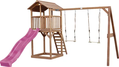 Produktbild von AXI Beach Tower Spielturm aus Holz in Braun | Spielhaus für Kinder mit lila Rutsche, Doppelschaukel und Sandkasten | Stelzenhaus für den Garten