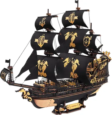 A detailed 3D wooden model of a pirate ship with black sails adorned with gold seahorse and anchor emblems, set against a white background.