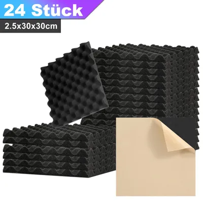 Produktbild von Vigevee Akustikschaumstoff Selbstklebend 24 Stück, Wellenprofil 30x30x2,5cm Schwarz