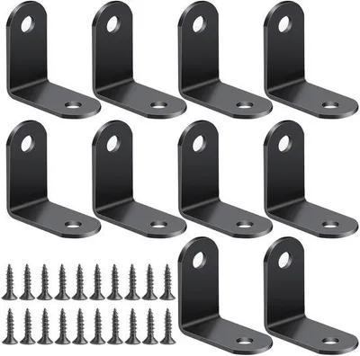 Image de Unyqoos® : Lot de 10 connecteurs d'angle noirs à 90° en acier inoxydable de 2 mm pour meubles – comprenant 20 vis, avec trous de vis encastrés