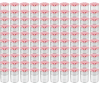 Produktbild von WELLGRO Einmachgläser rot kariert 435ml mit Schraubdeckel - 435 ml, 8,5 x 12 cm (ØxH), Glas / Metall, rot karierte Deckel To 82, Gläser  Germany, verschiedene Mengen wählbar
